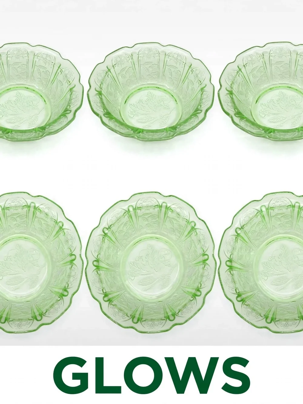 Vintage Anchor Hocking Cherry Blossom Uranium Glass 6pc Set 3 Bowl,3 Saucers Set